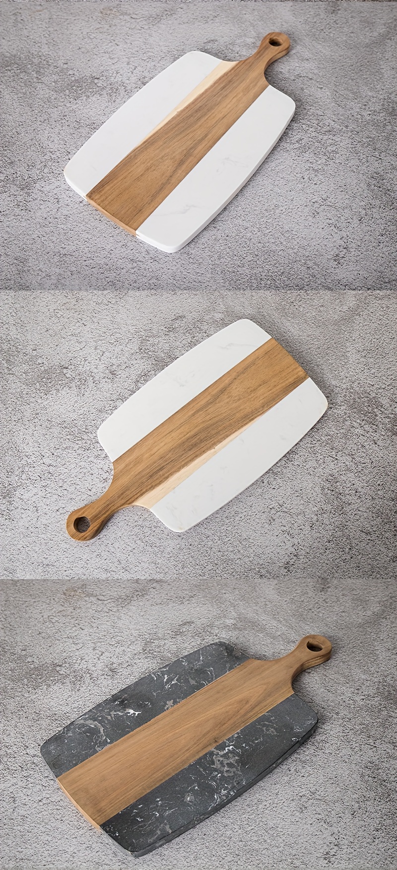 marble and wooden chopping board with handle   slicing bread vegetables and fruits kitchen essentials details 1