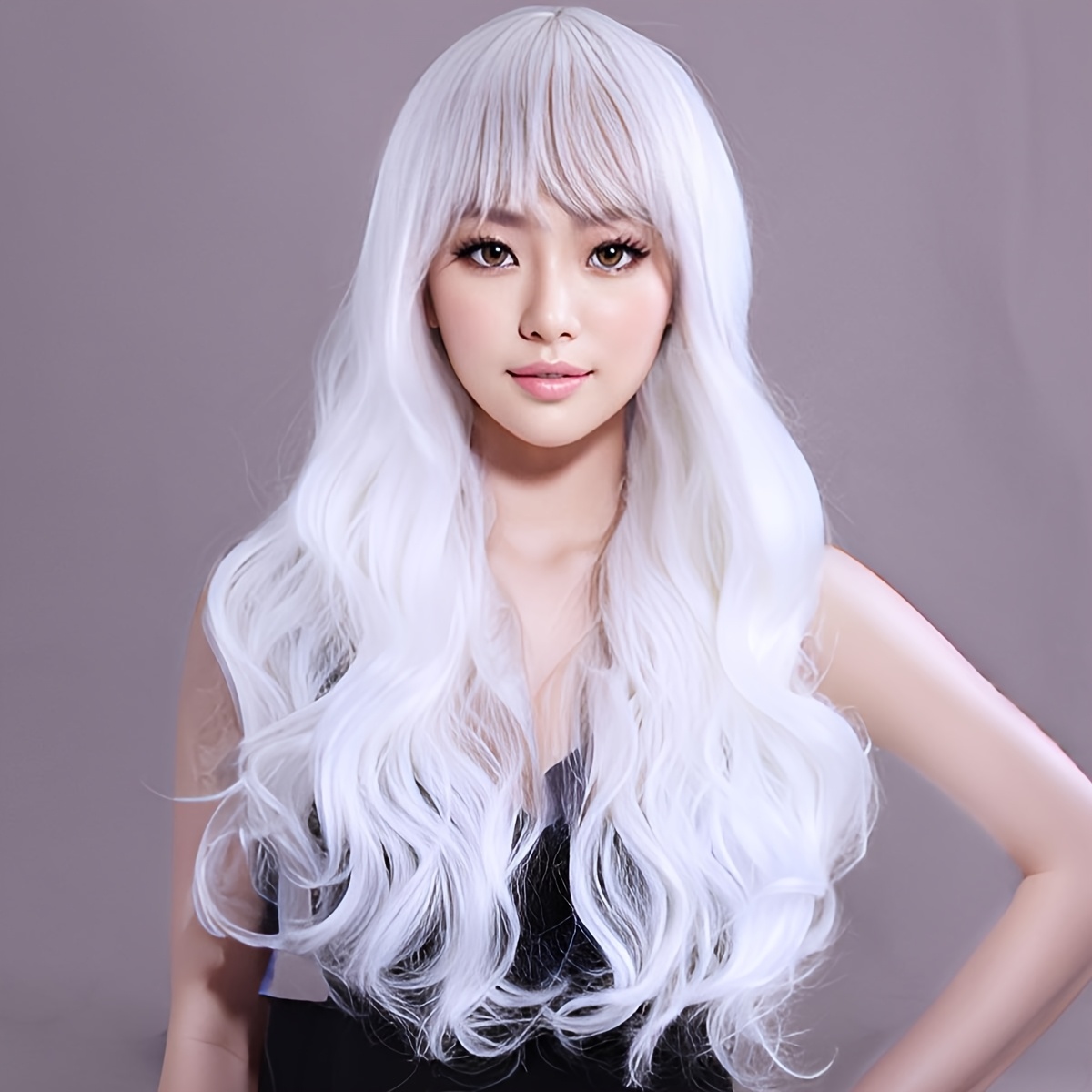 

Aideshair Anime-themed White Long Wavy Bangs Wig, Synthetic Heat Resistant Hair, With Net Cap For Cosplay, Halloween Party Costume