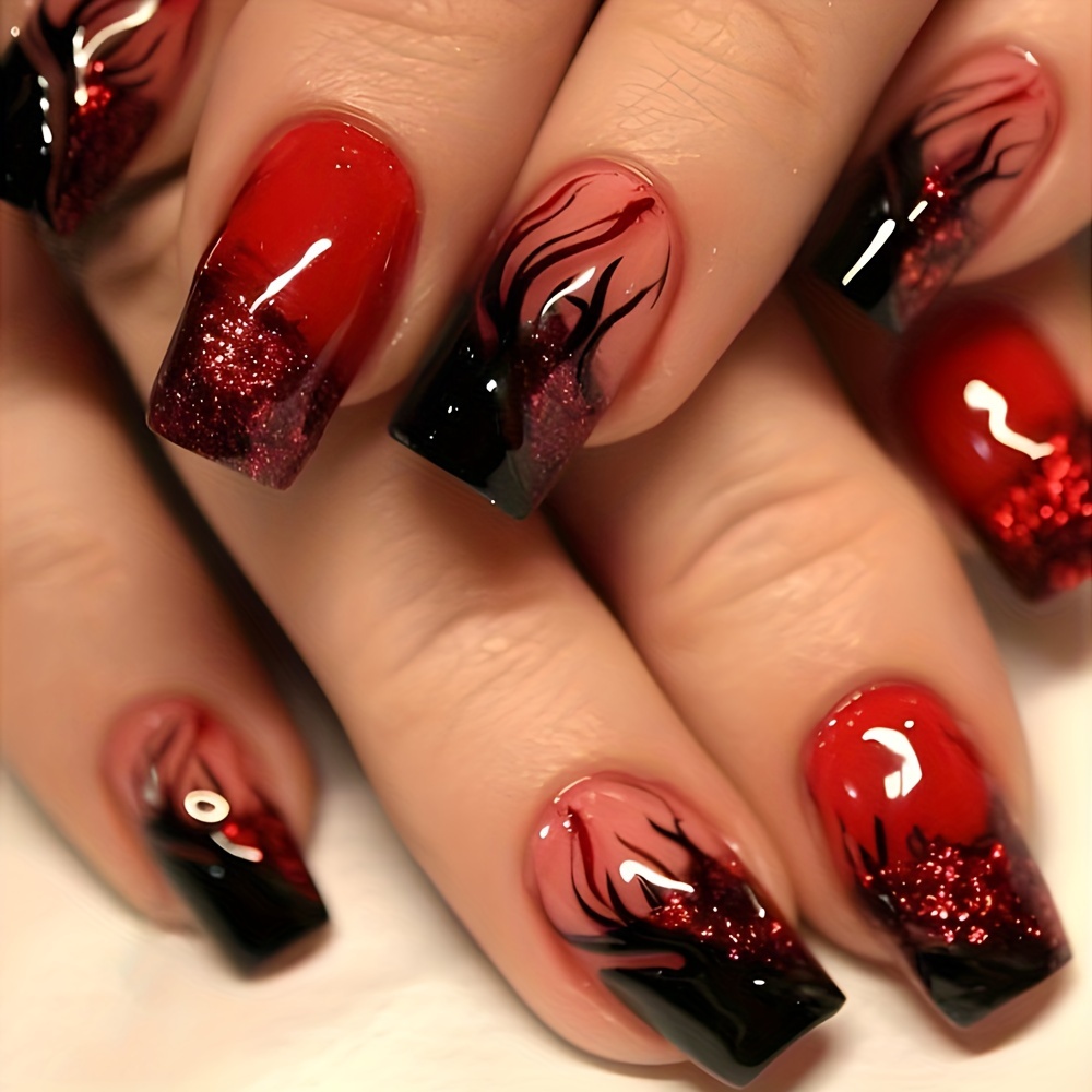 

24 Pcs Red Line Medium Square Press-on Nails With Glossy Finish, Black Stripe & Glitter Accent False Nails