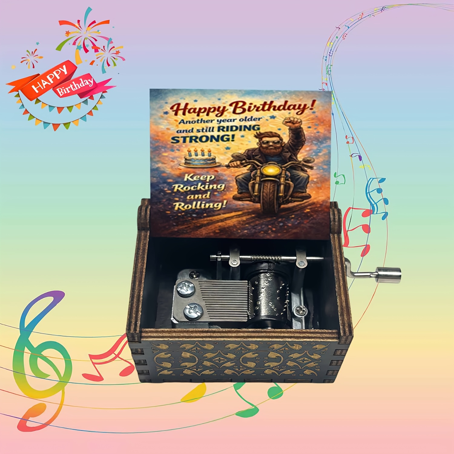 TEMU Boîte à musique vintage en bois à , 1 pièce, motard cool à moto, message d'anniversaire, joue de Anniversaire, 4 options de couleur, cadeaux
