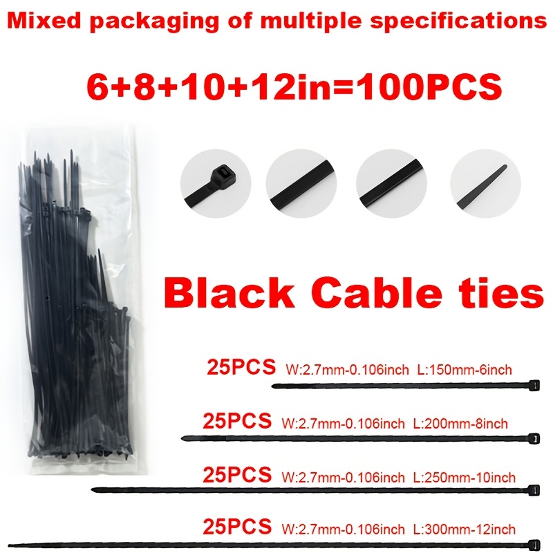 TEMU 100pcs Black Self Locking Nylon Zip Cable Ties Assorted 6 8 10 12 Inch Mixed Sizes, Heavy Duty Plastic Wire Straps For Cable Management, Home