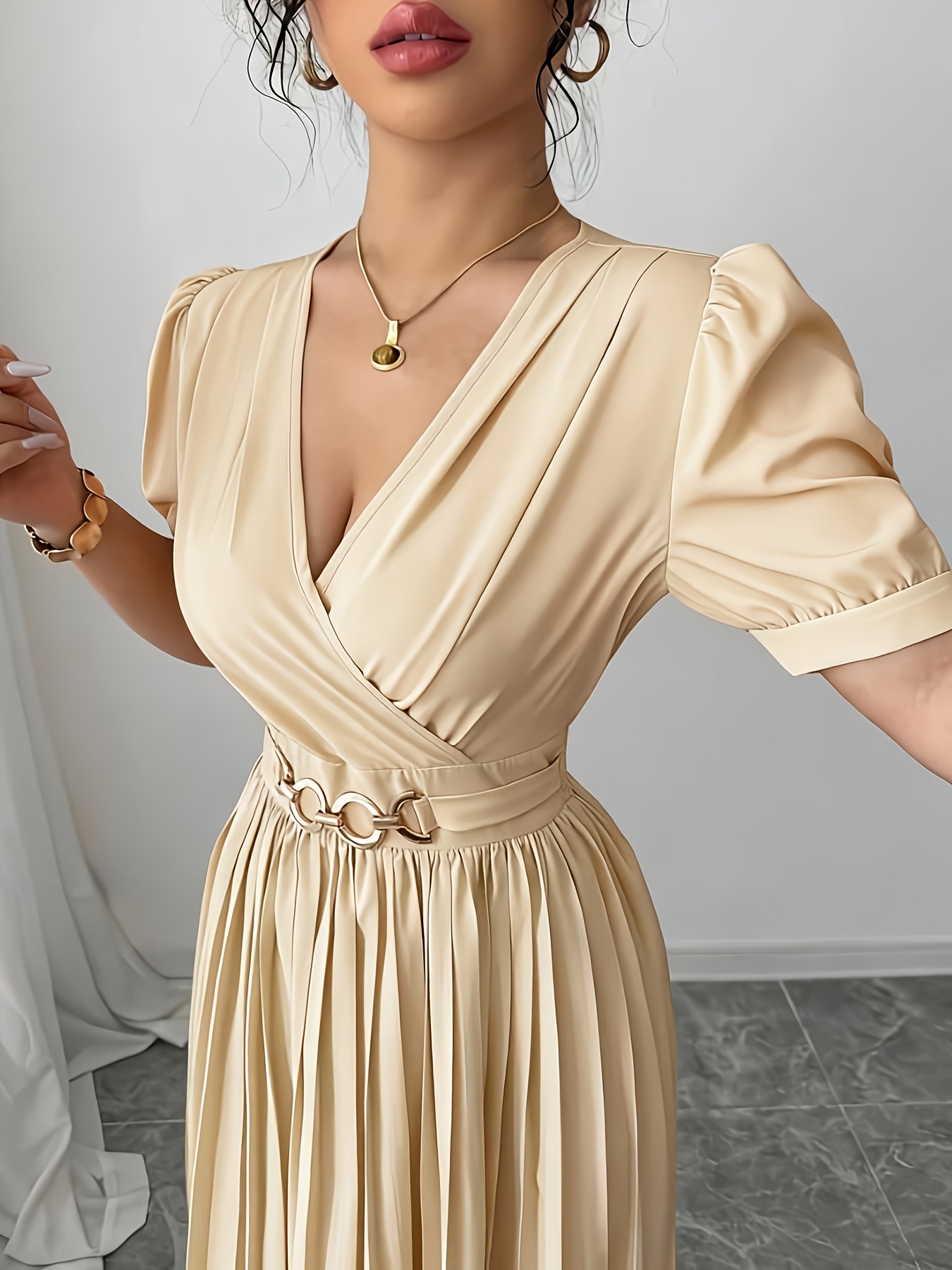 slim fit dress slacks GOLD ZEBRA JACQUARD SMOCK DRESS WITH PUFF SLEEVE AND BELT DETAIL – Arelia's  Dream main image 0