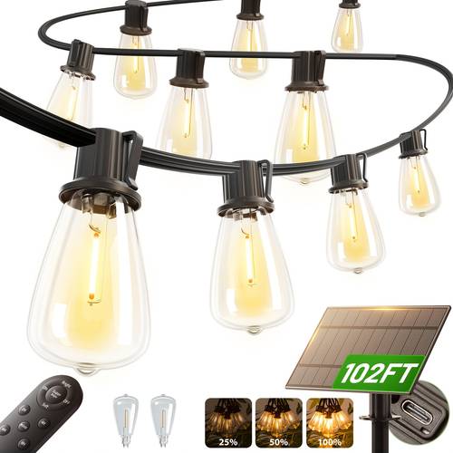 200 150 100 50ft solar led string lights waterproof st38 shatterproof edison bulbs remote control dimmable dusk to dawn 4400mah solar powered indoor outdoor lighting for garden porch patio balcony camping backyard party holiday