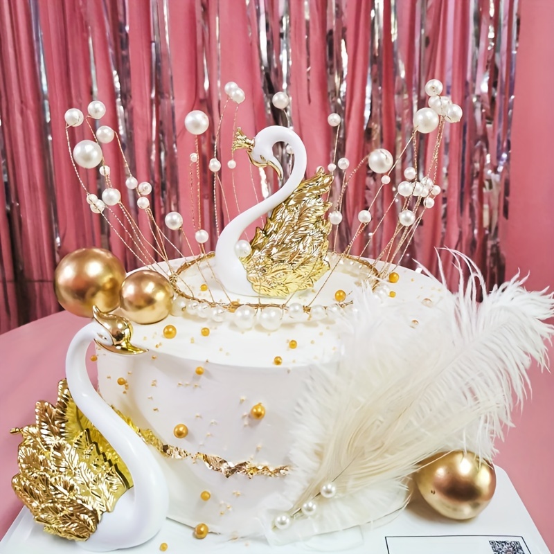 

2pcs Golden Silver Color Crown Swan Cake Decoration Ornament, Holiday Birthday Cake Wedding Celebration Dessert Table Decoration Ornament