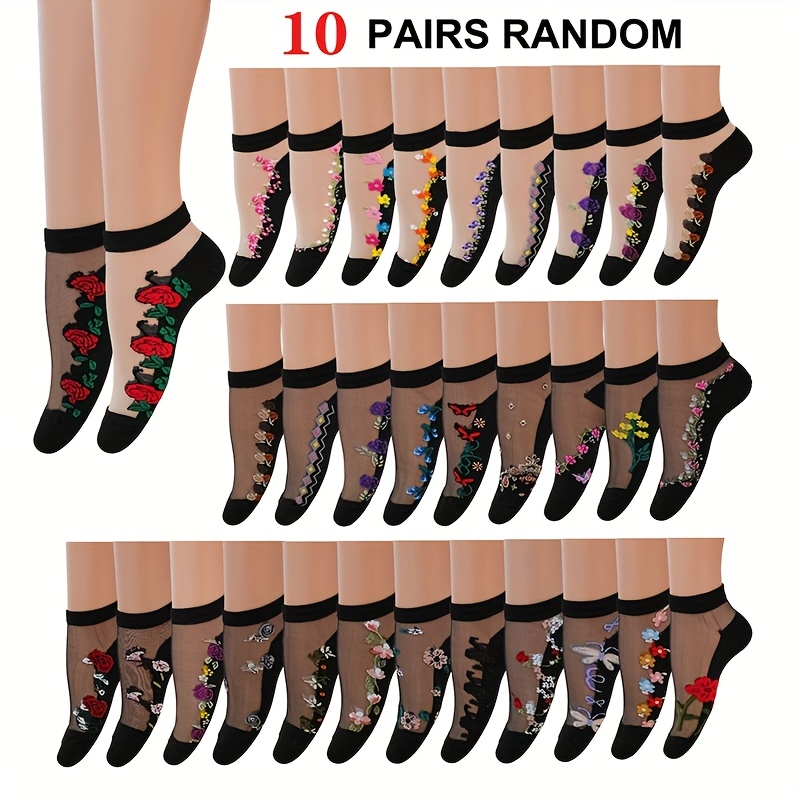 E-shop Zufällige 10er-Packung Damen dünne atmungsaktive transparente Glas-Kristall-Socken für Frühling/Sommer mit Jacquard-Schmetterlingsmuster,