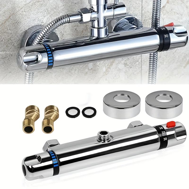 Image of Thermostatic Shower Mixer Bar Round Wall Mounted Bath Shower Mixer Valve Anti Scald Tap Hot Cold Water Mixer Intelligent Temperature Chrome Finished
