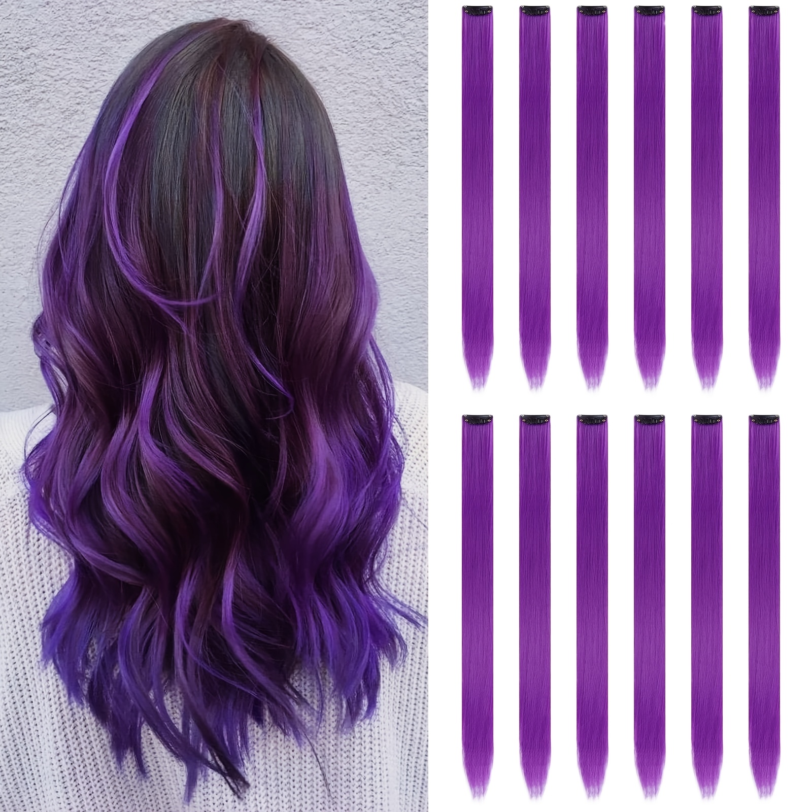 TEMU 12 pezzi Extension Clip in Capelli Viola, Extension Colorate per Feste e Rifiniture per Donne, Extension Liscia da 24 Pollici