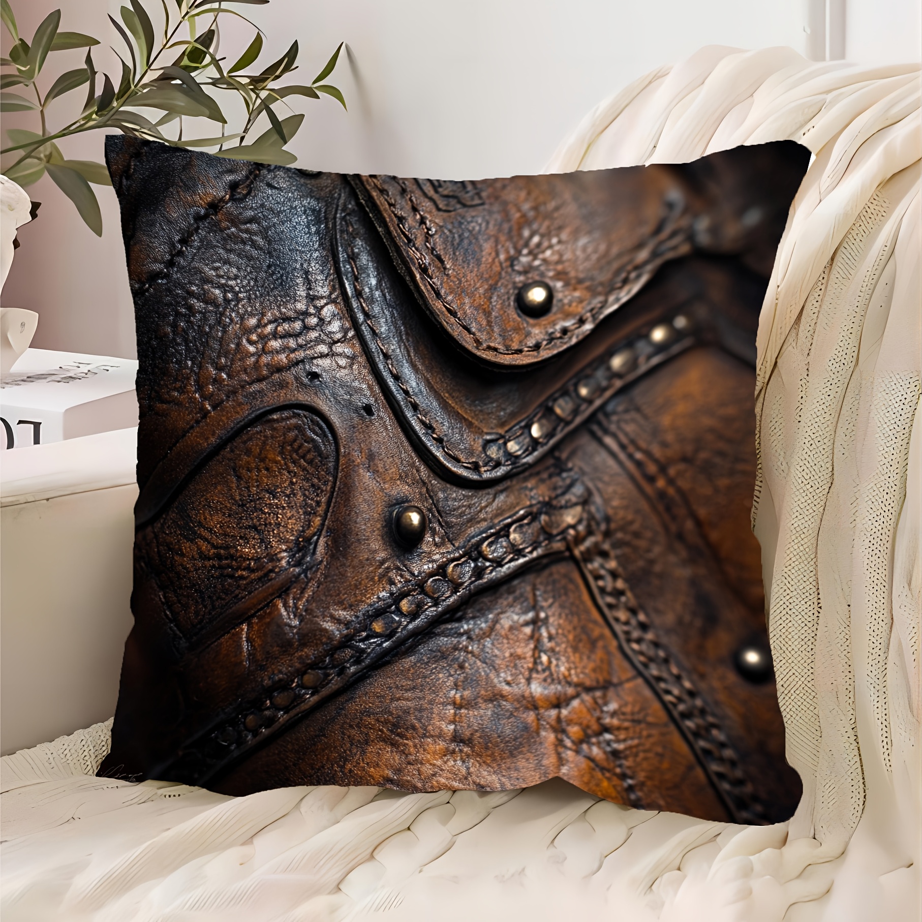 

Surreal77 Vintage Leather-look Decorative Pillow Cover, 18x18 Inch - Soft Short Plush, Zip Closure For Sofa & Home Decor, Pillows For Couch, Bedroom, Office, Without Pillow ,