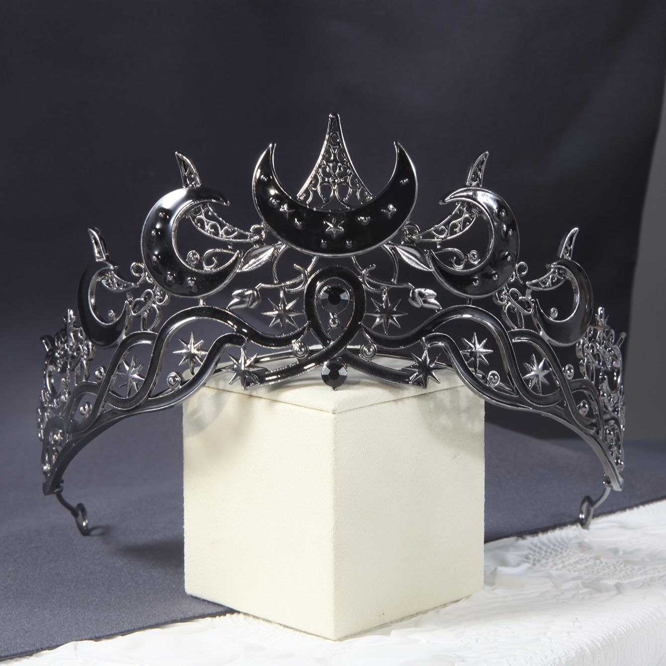TEMU Tiara Negra Vintage - Accesorio para el Cabello con Florales y Estrellas, Corona para , Formales - en Medio, Detallado Metalizado, Artesanía