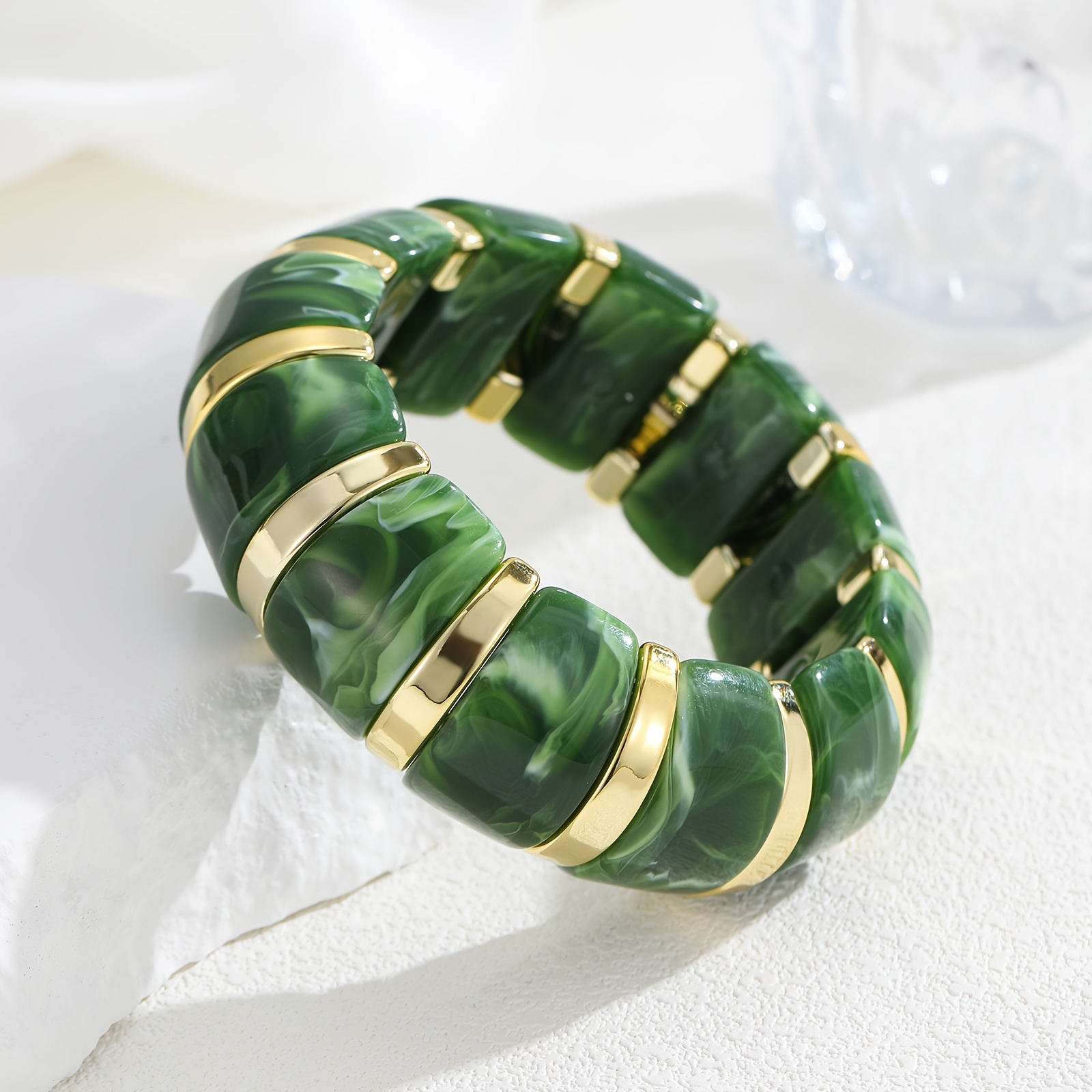 TEMU An Acrylic Solid-color Women's Summer Simple And Fashionable High-stretch Bracelet, Dark Green With A Smooth Ripple Finish, Suitable For Beach
