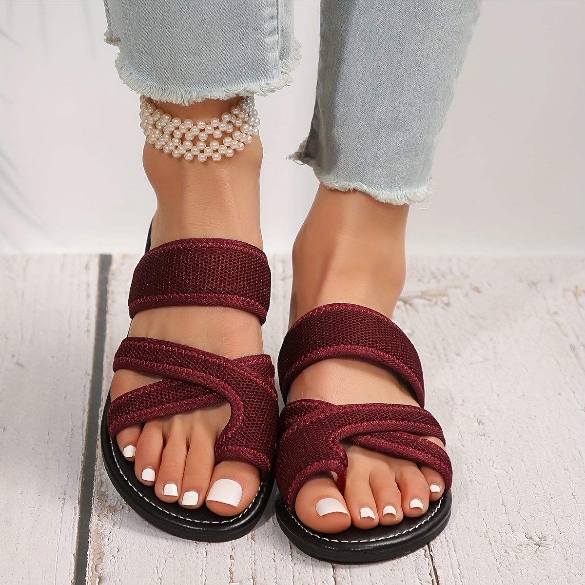 flat slides women s mesh toe loop casual open toe summer 8