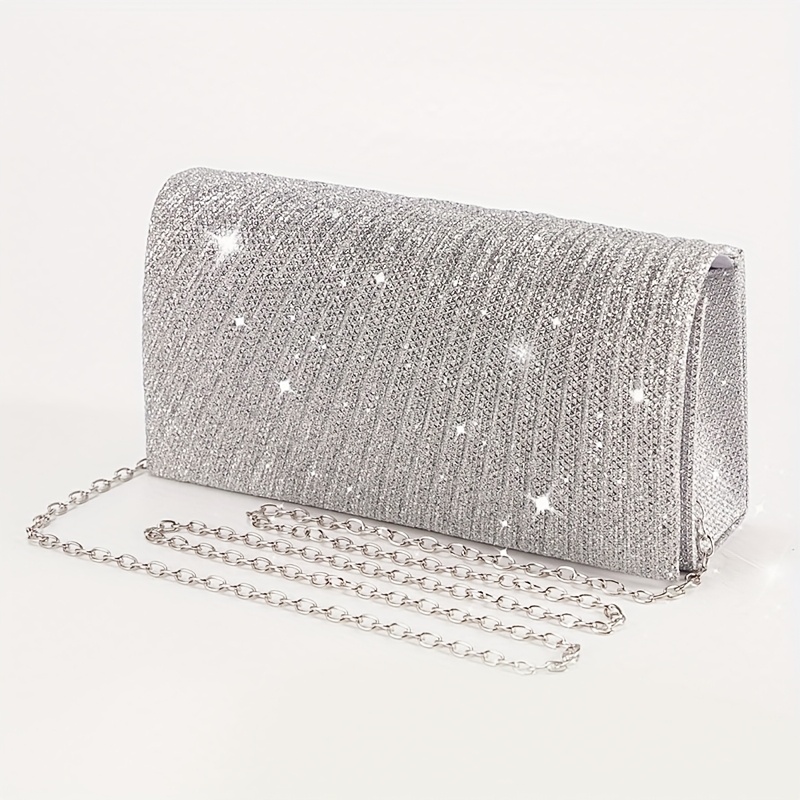 TEMU Glitter Envelope Handbag Women Evening Bag Clutch Daily Clutch Wedding Party Bling Metal Chain Crossbody Bag Silvery Portable Dressed Purse -a