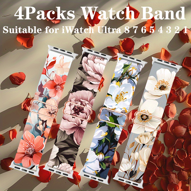 

4-piece Vibrant Floral Stretchy Nylon Bands For Iwatch - Fits 38mm To 49mm, Compatible With Series Se/1/2/3/4/5/6/7/8/9 & Ultra 2 - Perfect Gift For Her