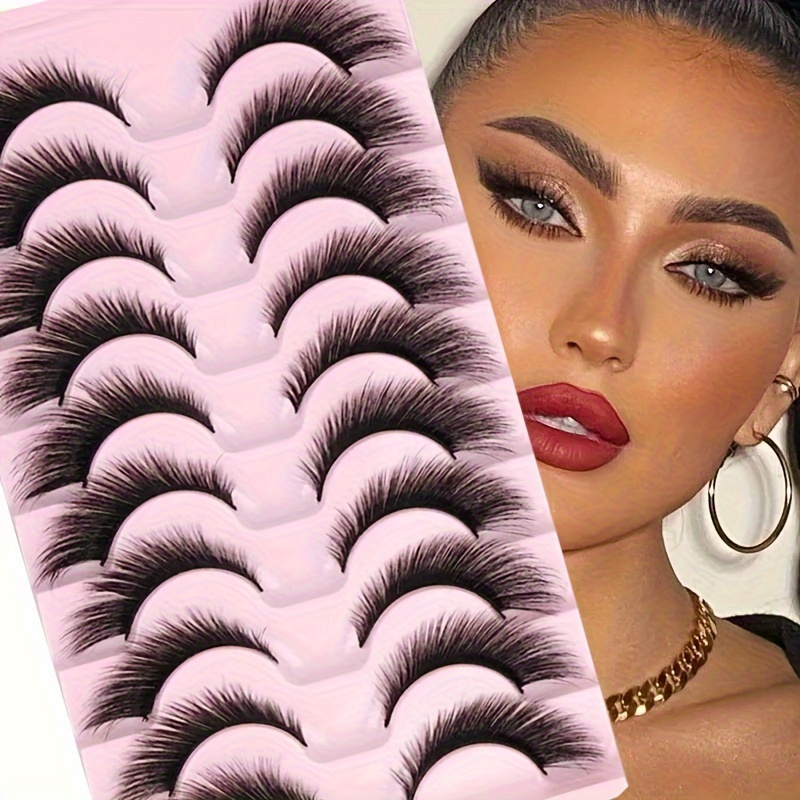 

10 Pairs Cat Eye False Eyelashes Set - D Mixed Styles, Anime & Extra Thick Self-adhesive Lashes, Natural Look Extension Fluffy Vivid Eye Makeup, Reusable 13-18mm Faux Mink Strip Lashes
