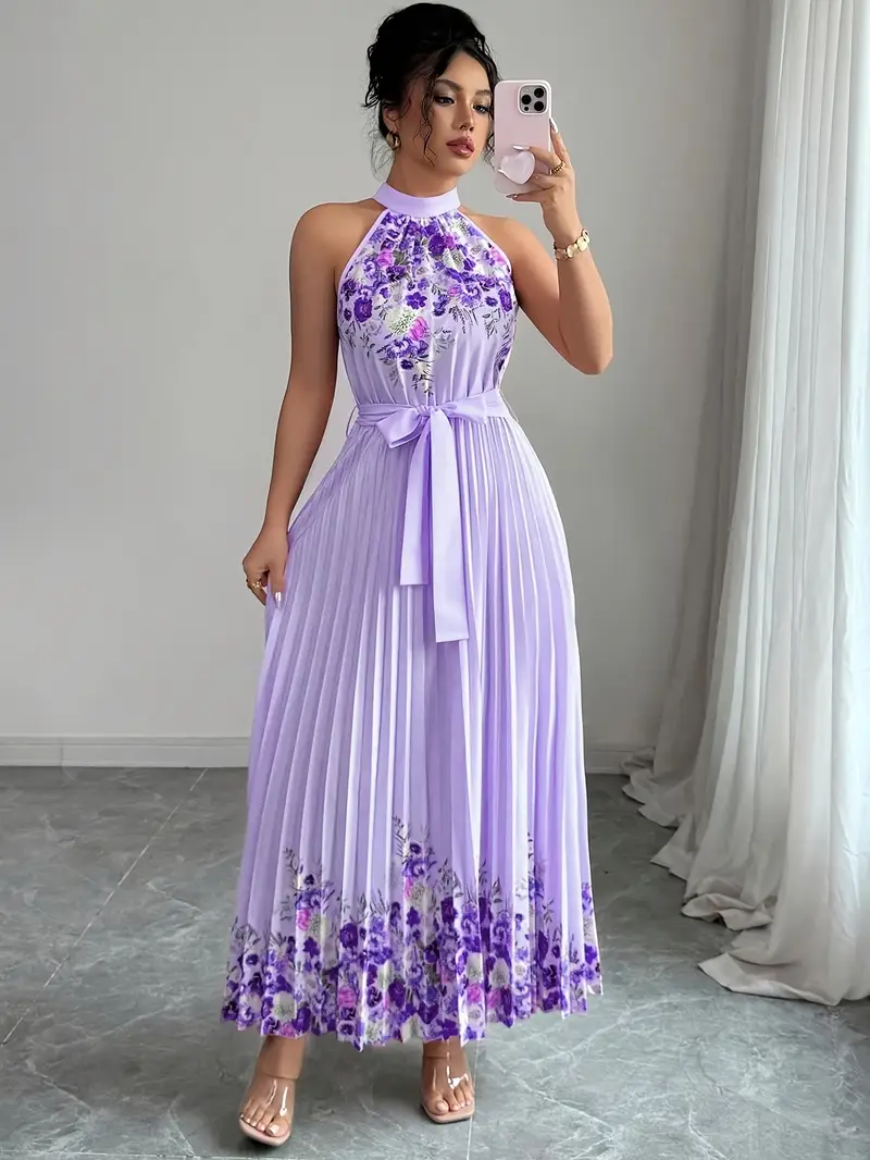womens elegant floral print sleeveless a line dress vibrant pink round neck machine washable spring summer casual formal wear floral print dress no stretch fabric Product details 4