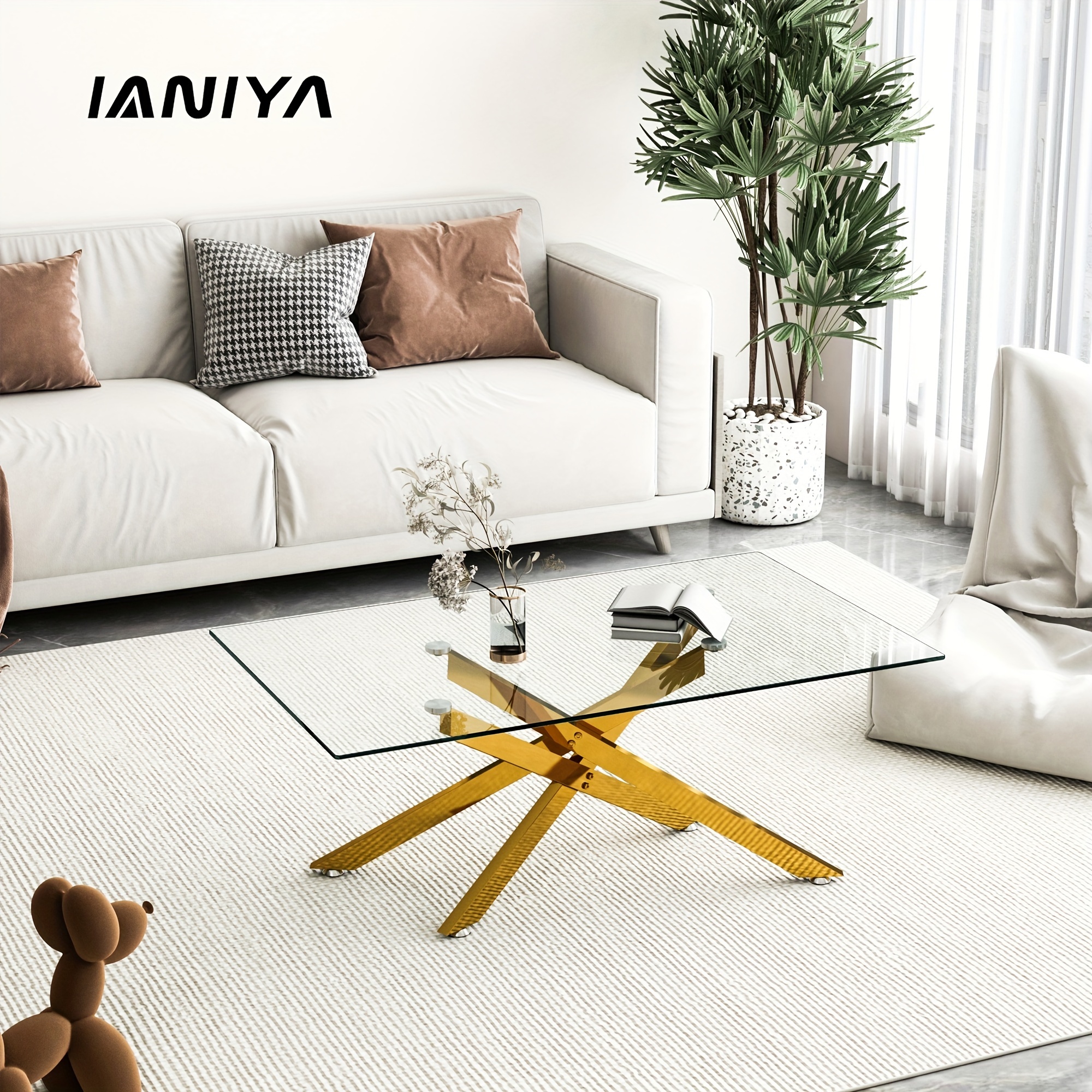 

Ianiya 39.37" Rectangular Clear Tempered Glass Coffee Table Stylish Design With Golden Metal Legs Coffee Table For Living Room