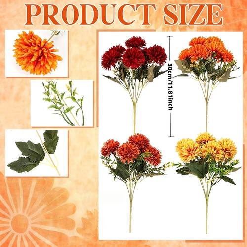 24 flowers 4pcs fall artificial flowers for outdoor faux burnt orange assorted mums chrysanthemums bouquet fall marigold for vase table floral arrangement for wedding autumn home decor