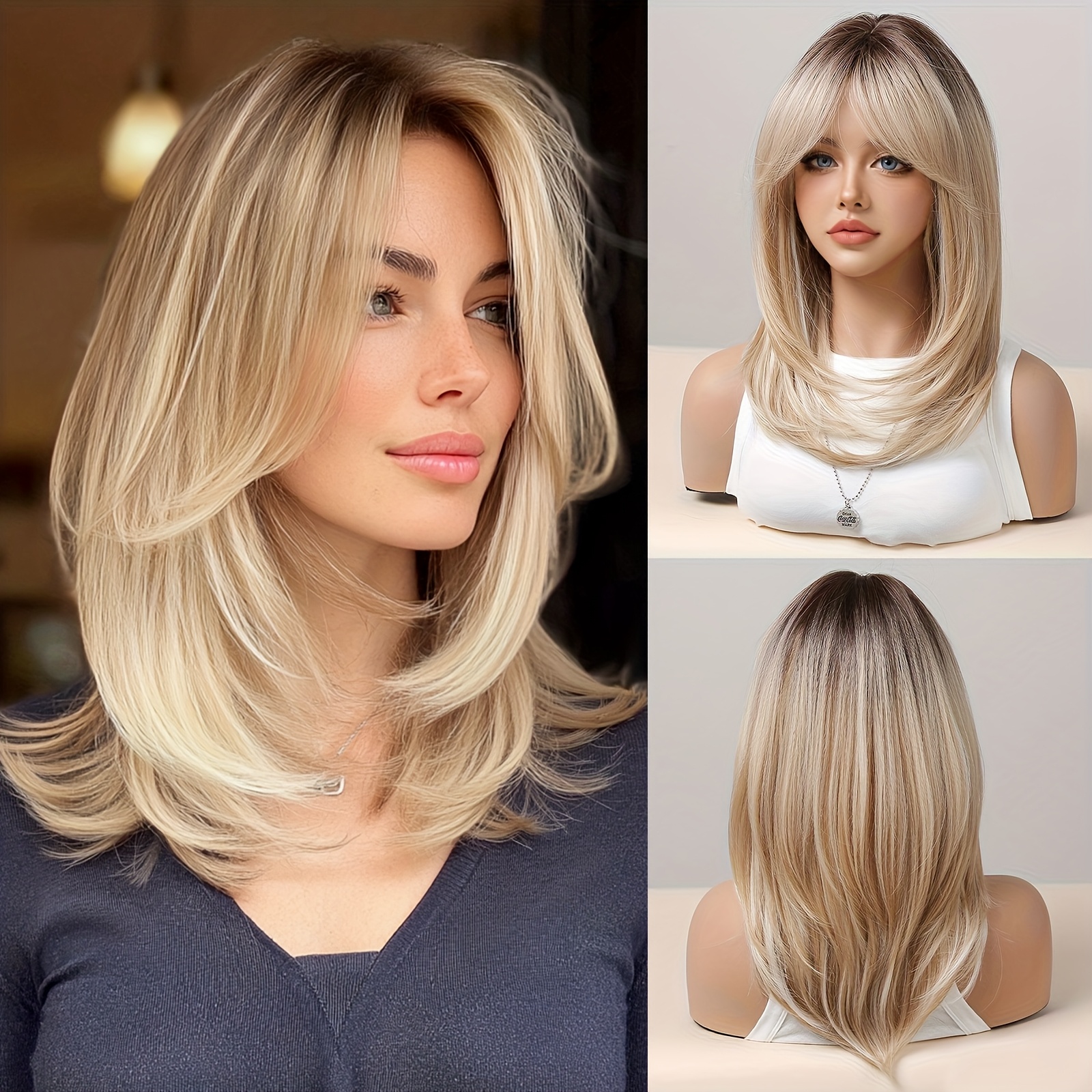 Image of Short Ombre Blonde Wigs For Women | Cute Layered Mixed Blonde Synthetic Wig, Straight Hair, Nature Looking, High Temperature Fiber, Cap, Daily Theme, Brand: