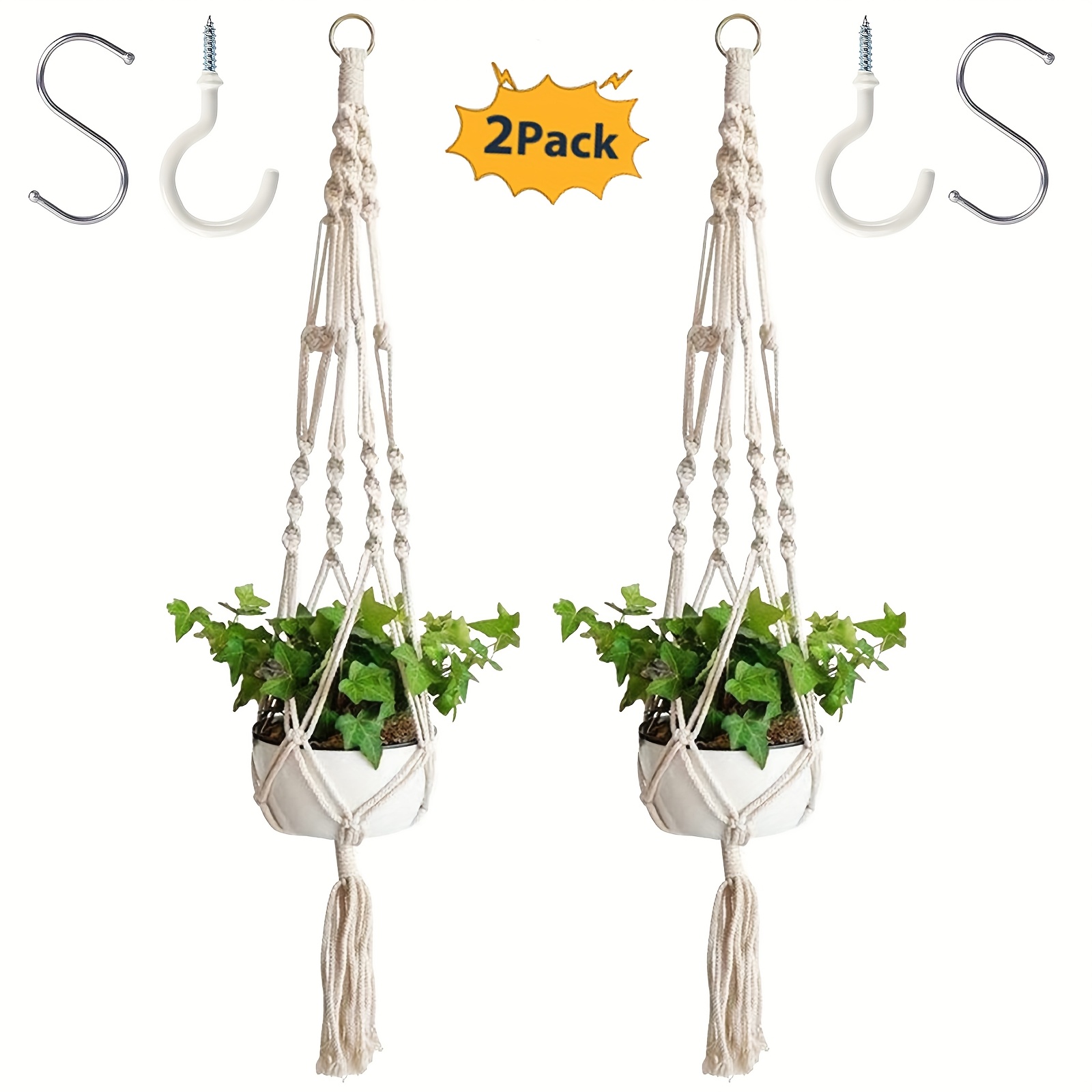 Image of 2 Pack Macrame Plant Hangers With 4pcs Hooks, Indoor Outdoor Hanging Plant Holder, Handmade Hanging Planter Basket Flower Pots Holder For Decorations