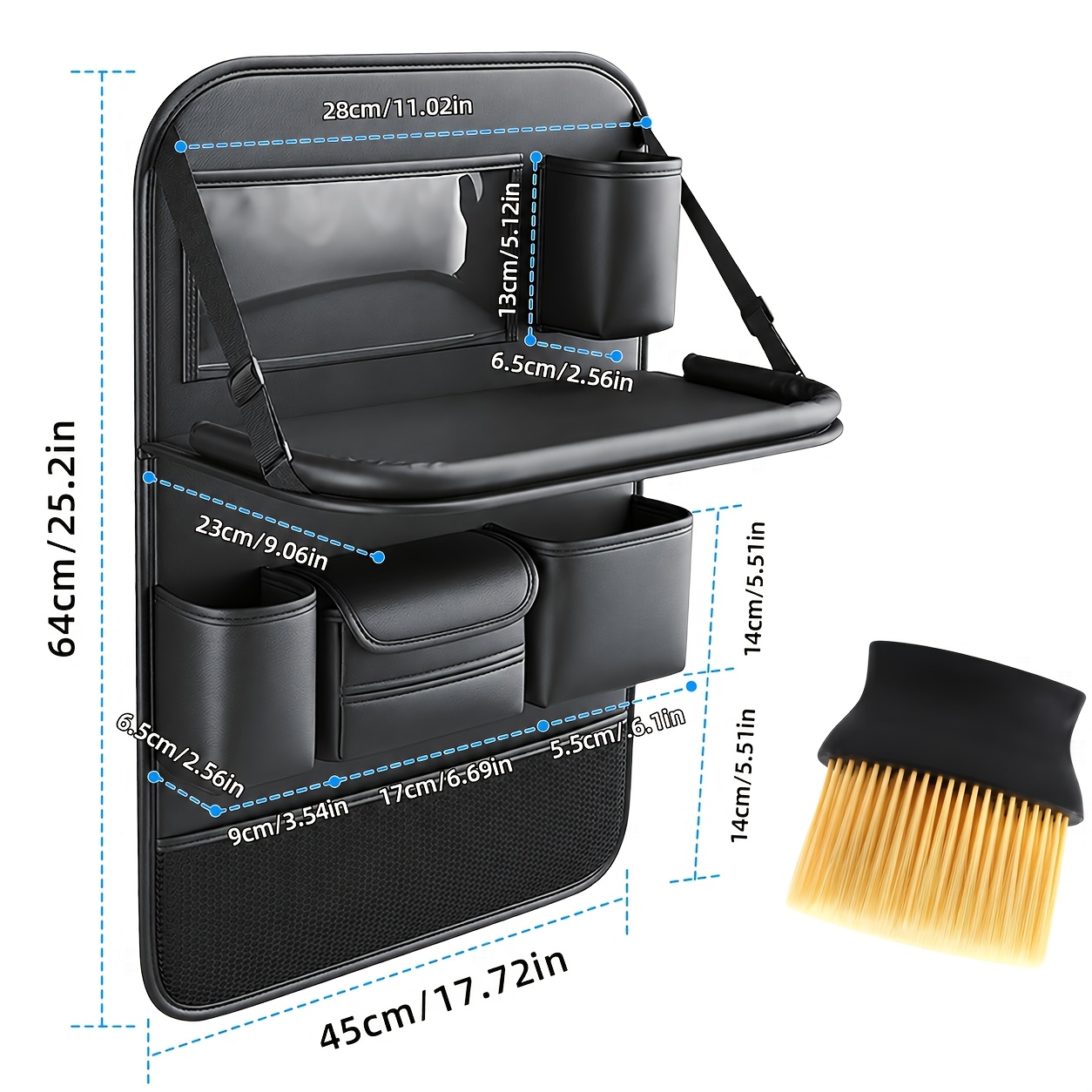 TEMU Upgraded 2pcs Set Car Backseat Storage Bag And Interior Cleaning Brush, Large Capacity Multi- With Foldable Tray, Black Car Travel Storage