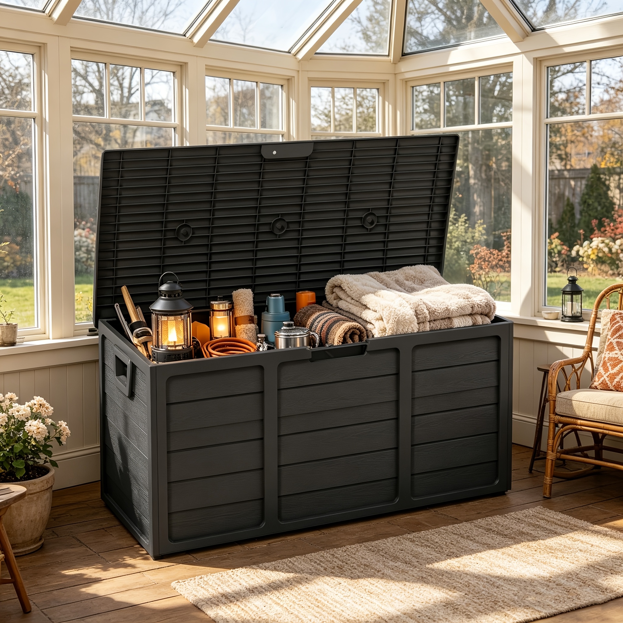 35 75 gallon resin deck box with handles outdoor storage box for home kitchen and merchandise organization box cabinet rack for outdoor storage