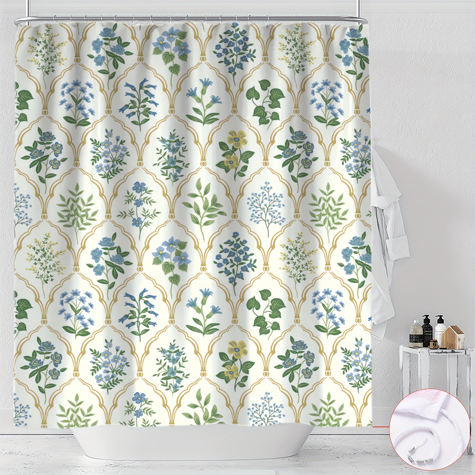 

Rideau de douche floral vintage avec feuilles vertes - 180cm/70.87in x 180cm/70.87in - Tissu en polyester tricoté imperméable - Crochets inclus - Lavable en machine - Convient à toutes les saisons