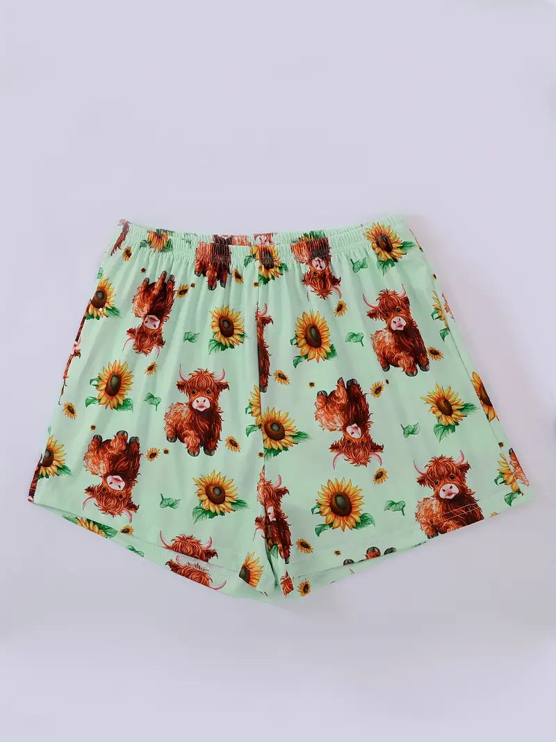 round neck three piece light green floral cow letter print adult pajama set short sleeve top and loose elastic shorts with long pants casual womens sleepwear and loungewear outfit wearable all year round Product details 3