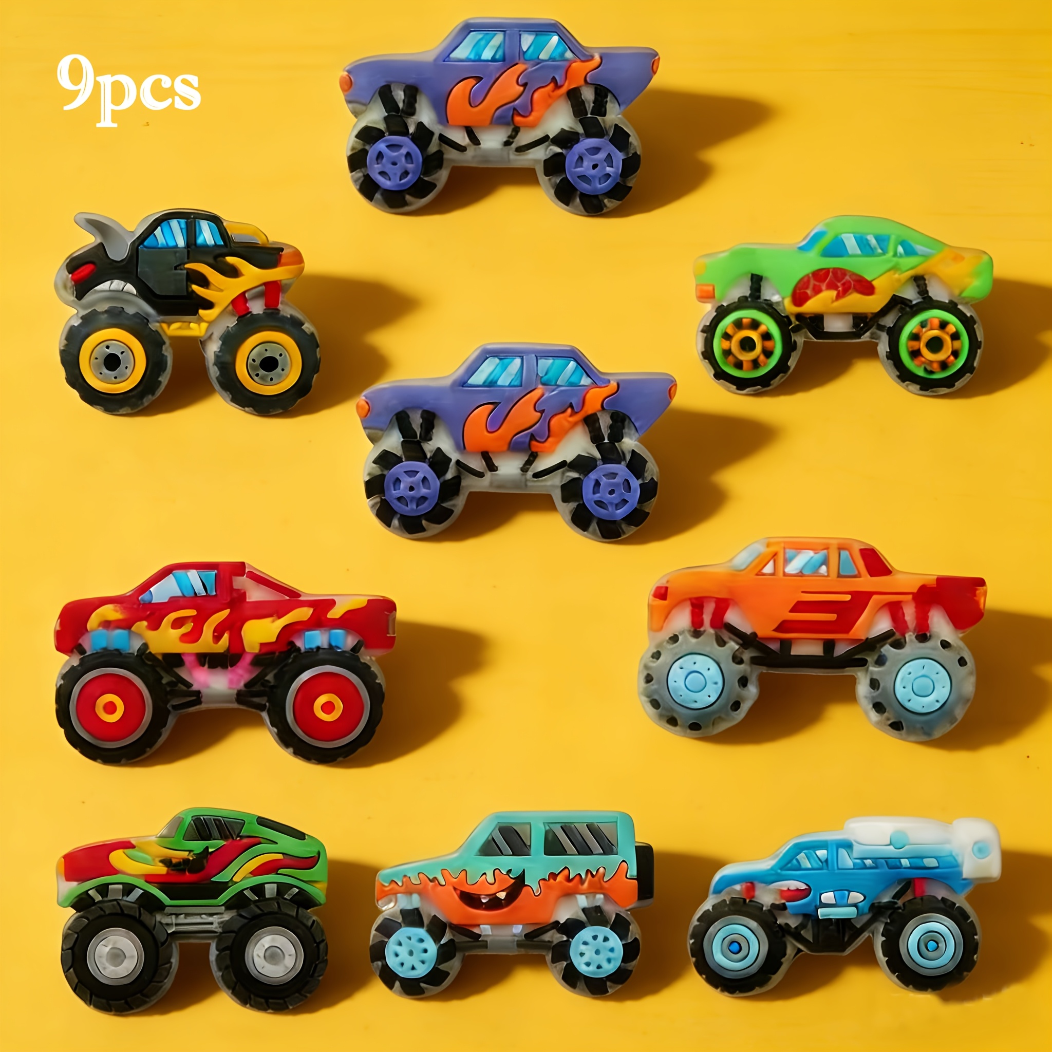 9pcs Cool Cartoon-themed Enormous Wheels, Fun Trucks, And Colorful Off-road Vehicle Shoe Buckles. Suitable For Garden Clogs, Beach Sandals, Bags, And Wristbands. Ideal For Birthday Parties