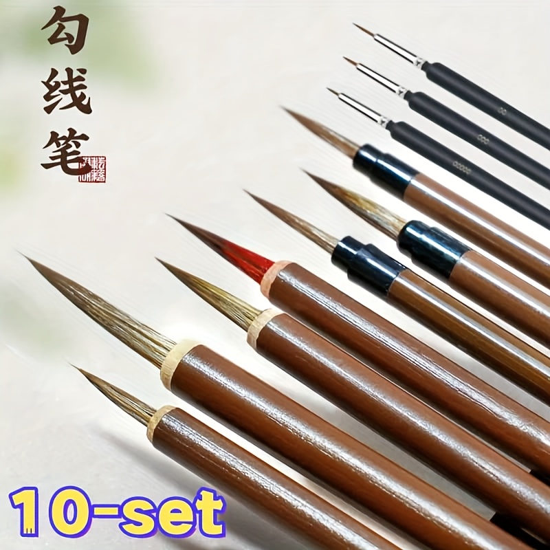 Image of 10pcs Chinese Painting Brush Set, Designed For Beginners, Featuring With Wolf-hair, Small Red Fur, Mouse , Outlining, Flower Branches, Delicate Leaf Veins, Extremely Fine And , And A