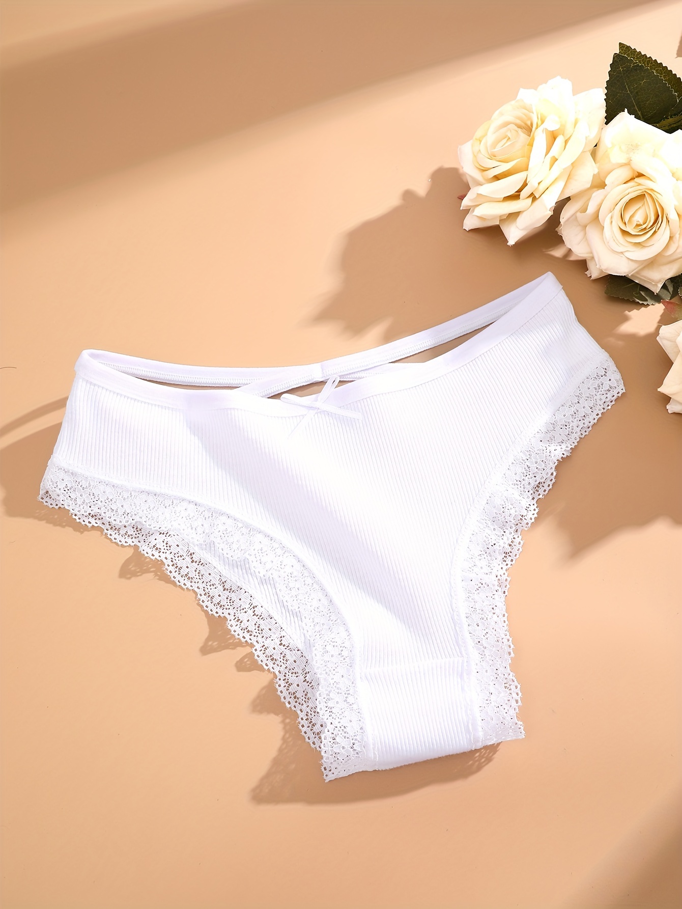 4pcs Women'S Lingerie Briefs with Lace Trim - Sexy Ribbed Design, Solid Colors (White, Pink, Gray, Black), Soft & Comfortable Underwear for Casual Attire, Lingerie Sets, Comfortable Underwear, Elegant Underwear, Soft Fabric Underwear