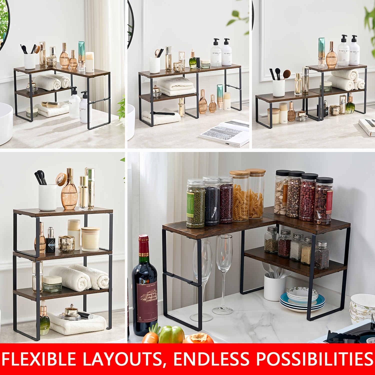Decorative Corner Shelf With Storage - 2-tier Adjustable Rack For Coffee Shop, Home Kitchen, Bathroom Vanity - Rustic Wood And Metal Organizer, Standing Shelf