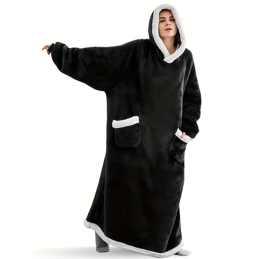 TEMU Women's Winter Flannel Blanket-style Robe—extra-long Hooded Bathrobe With Vertical Pockets, Fleece-lined, Perfect For Watching Tv And Relaxing,