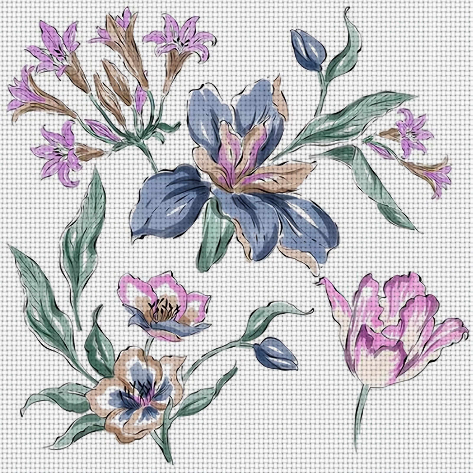 DIY Cross-stitch Printed Kit, Unframed, "Colorful Floral Hand-painted Pattern"