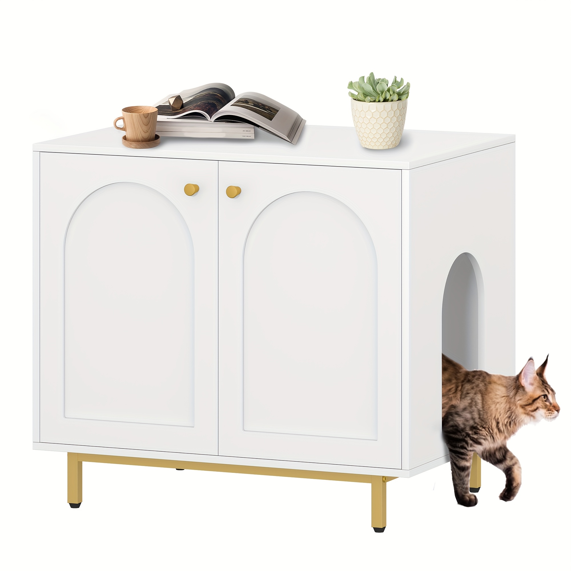 Image of Feline Storage Unit, Cat Waste Container, Feline Waste Storage, Pet Shelter With Entrance, Wooden Side Table For Pet Shelter, 80 X 55 X 70 Cm, Durable Feline Storage, White And Golden