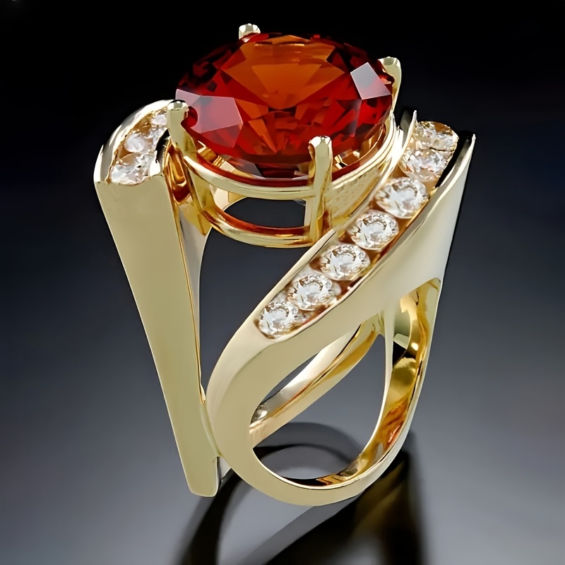 This Exquisite Women's Wedding Or Engagement Copper Ring Features A Stylish And Luxurious Design With A Touch Of . With A Red Synthetic Gemstone, Perfect For Wearing At Banquets, Parties, And Weddings
