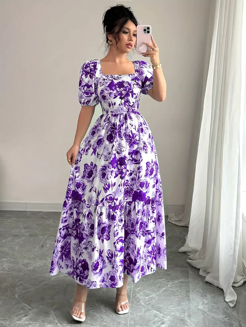 Puff Sleeve Elegant A-Line Maxi Dress Women'S Floral * Neck Suitable for Outdoor Spring Summer Loose Dress Puff Sleeve Elegant A-Line Maxi Dress Women'S Floral * Neck Suitable for Outdoor Spring Summer Loose Dress