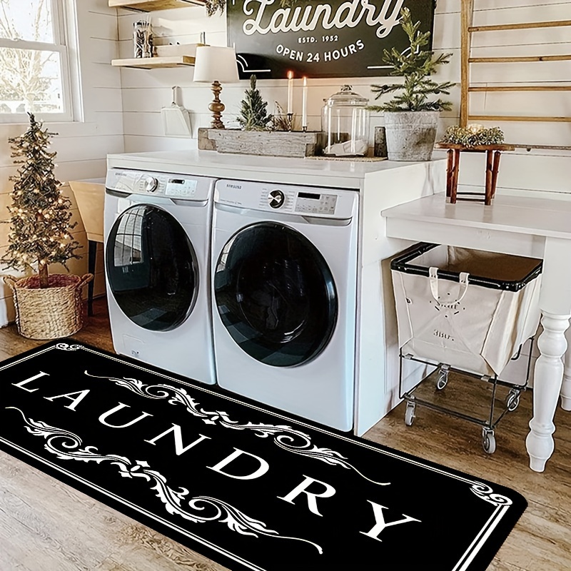 TEMU 1pc Of Black Background English Letter Laundry Room Decorative Rug, Machine Washable Mat, Soft And Comfortable - Laundry Rooms, , Doorways, And