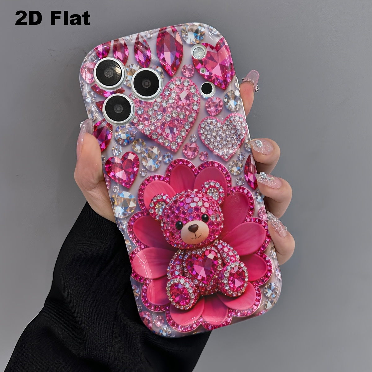 TEMU Phone Case - 2d Gemstone Teddy Bear With Heart-shaped Background Pattern Phone Case, 2d Flat Design Premium Phone Case, Anti-drop And