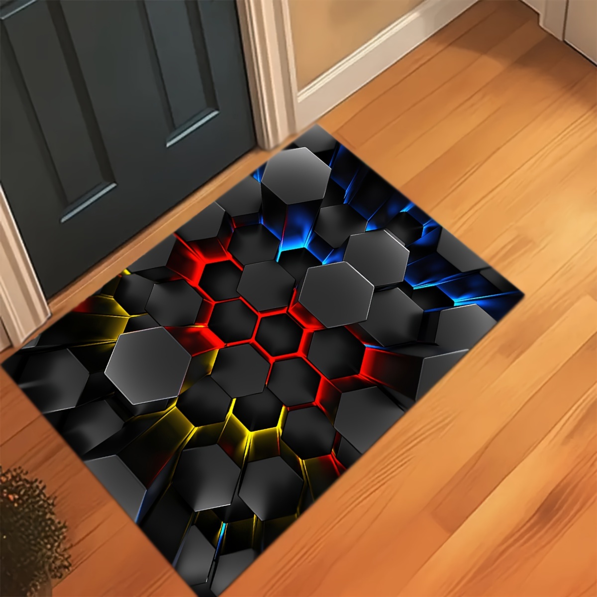 3d luminous hexagon area rug cartoon inspired cool fluffy soft non slip absorbent mat for living room bedroom bathroom laundry balcony kitchen game room   home decor lightweight square hand wash knit weave polyester details 5