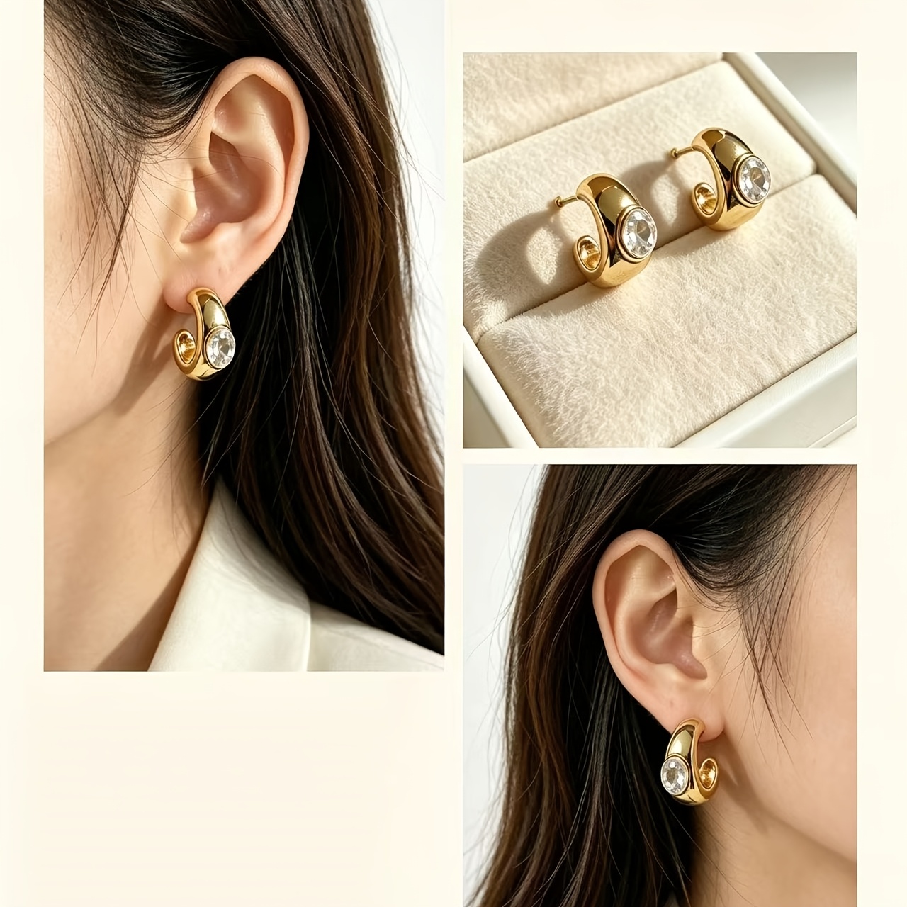Women's 18K Gold-Plated C-Shaped Ear Studs with Rhinestone Inlays