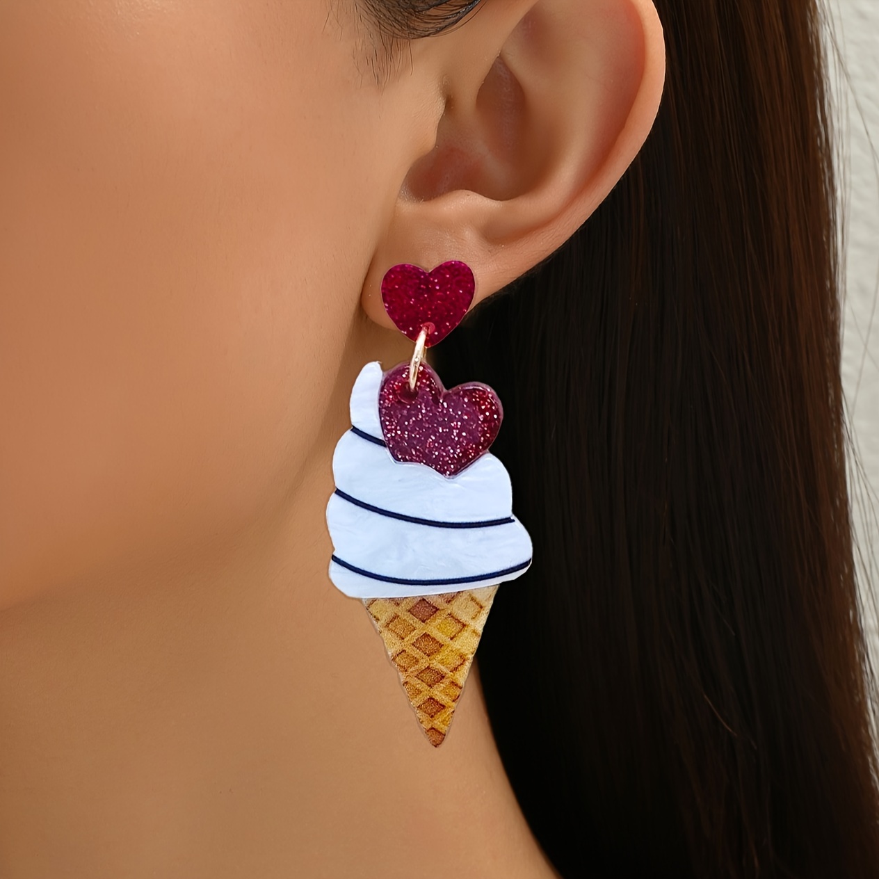 

Sweet Ice-cream Bling Bling Heart Decor Dangle Earrings Elegant Cute Style Valentine's Day Gift