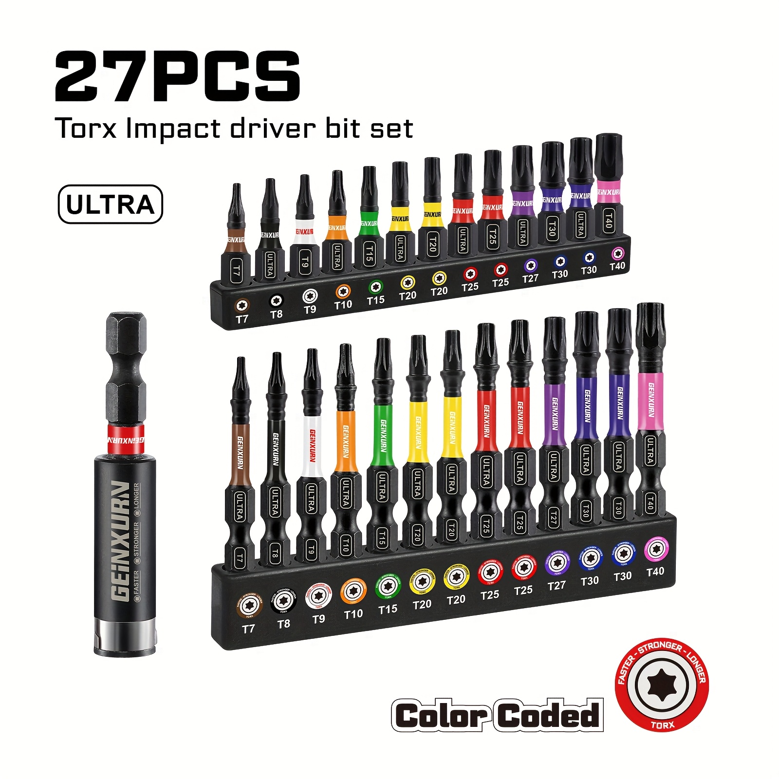 26pcs/27pcs Premium 25.50mm Mixed Pack Plum Impact Bit Set, Screwdriver Bit Set Impact Drill Bits Torx Hex Head Magnetic Tamper-proof Screwdriver Bits