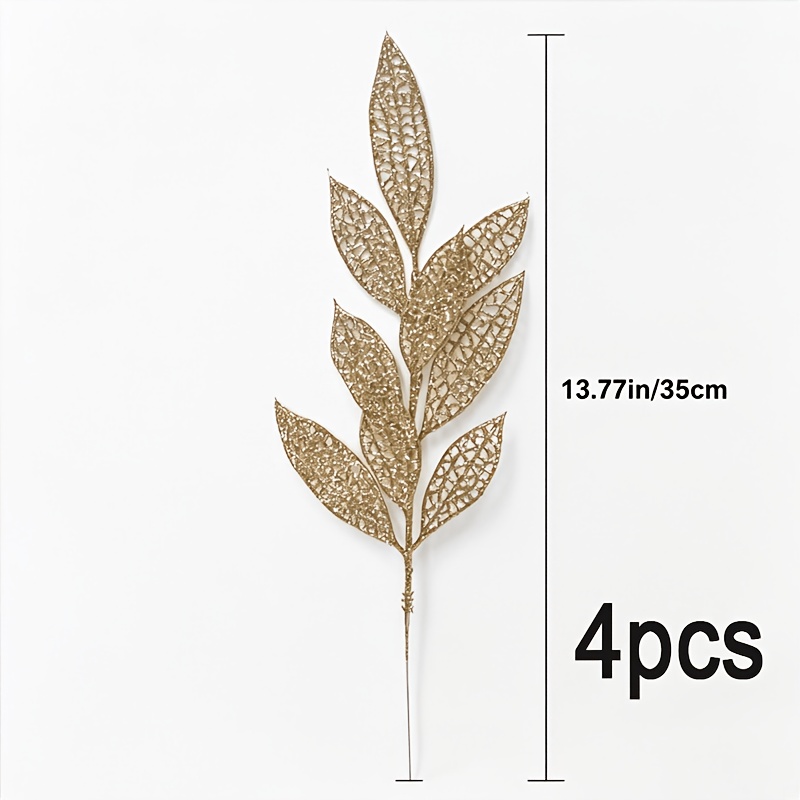 TEMU Champagne-colored Glitter Leaf Stems, 4-pack 35cm/13.77in Hollow Artificial Foliage Picks, 2025 Trending Christmas Decor, Sparkly Holiday