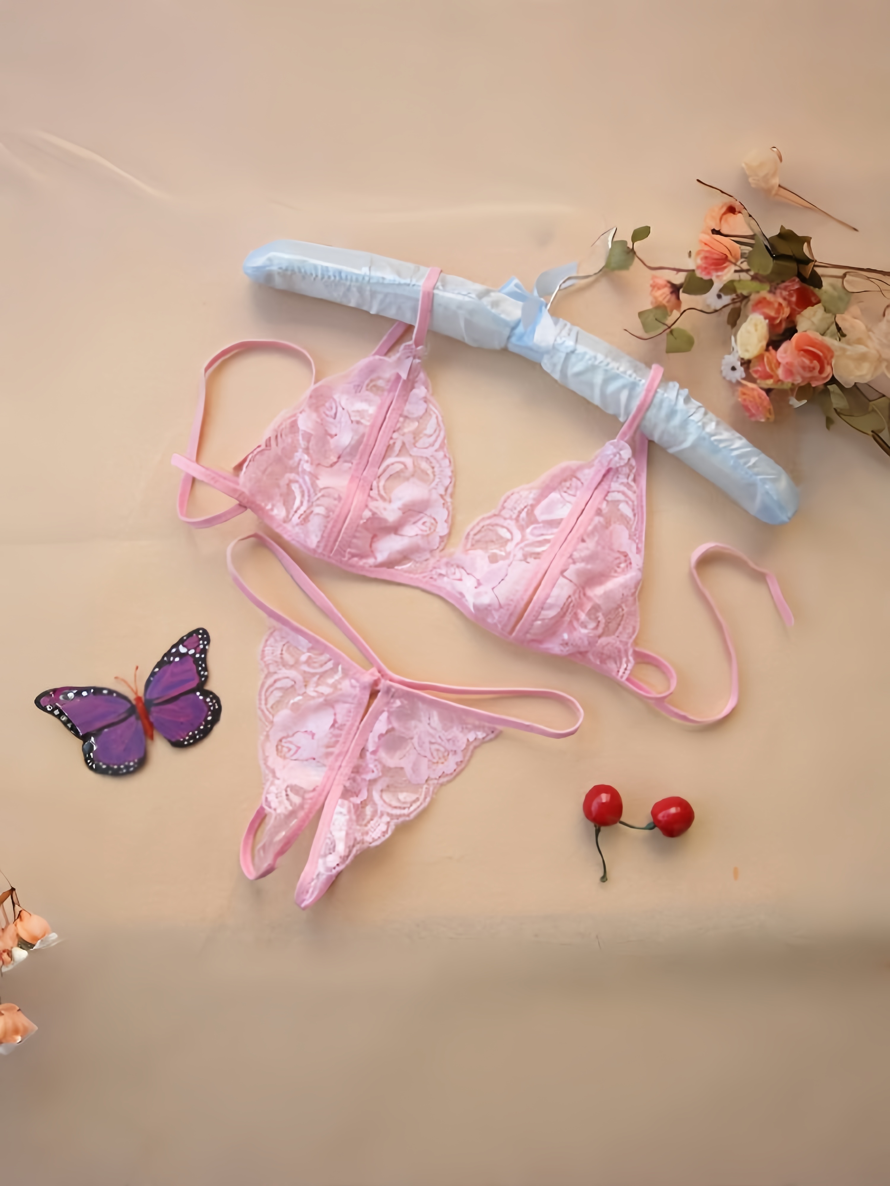 Erotic Floral Lace Lingerie Set Open Bust Bra Open Crotch - Temu