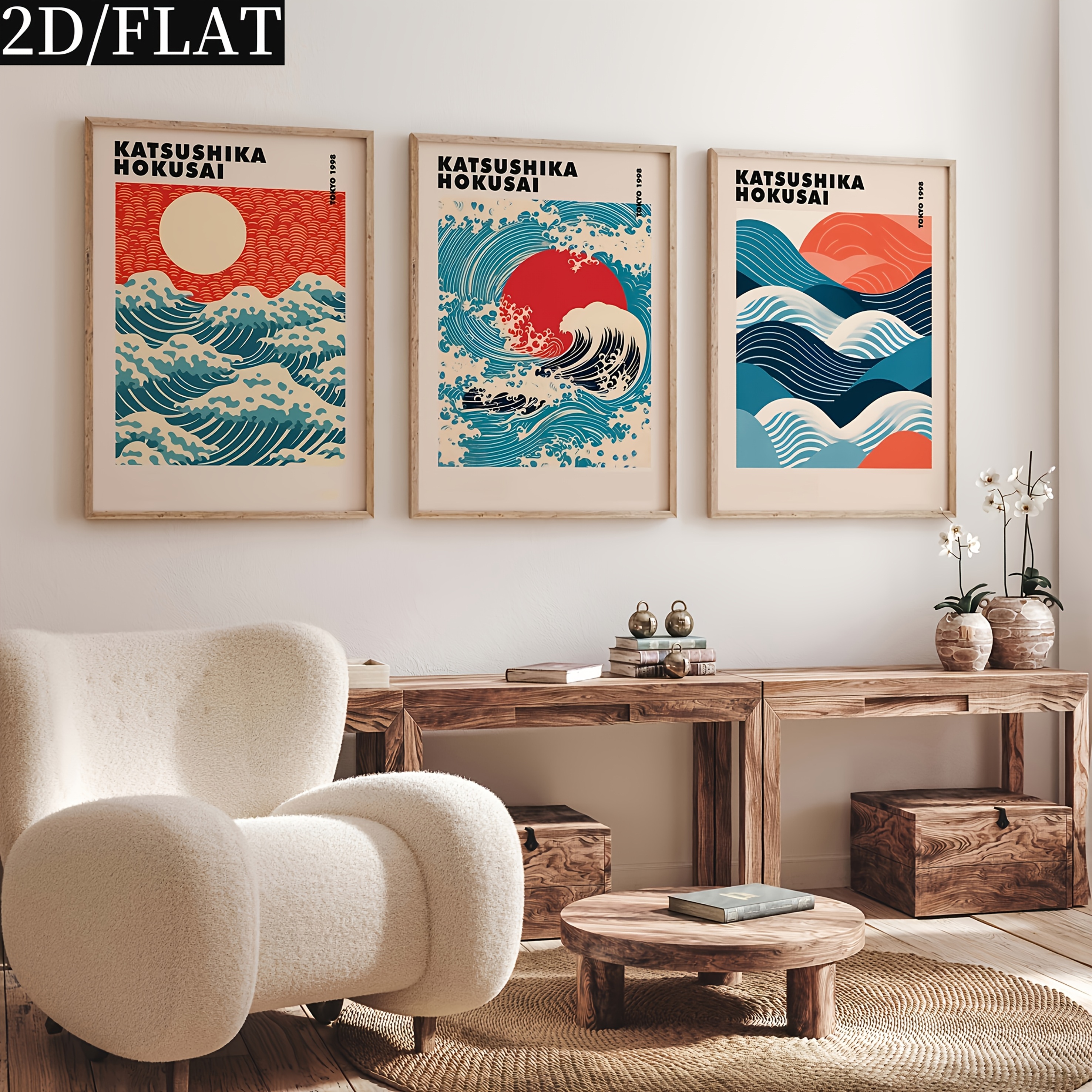 TEMU 2d Flat, 2d Flat, Set Of 3 Flat 2d Canvas Posters Featuring 's Great Wave And Sunrise, Unframed Decorative Art In Large Size, Suitable For