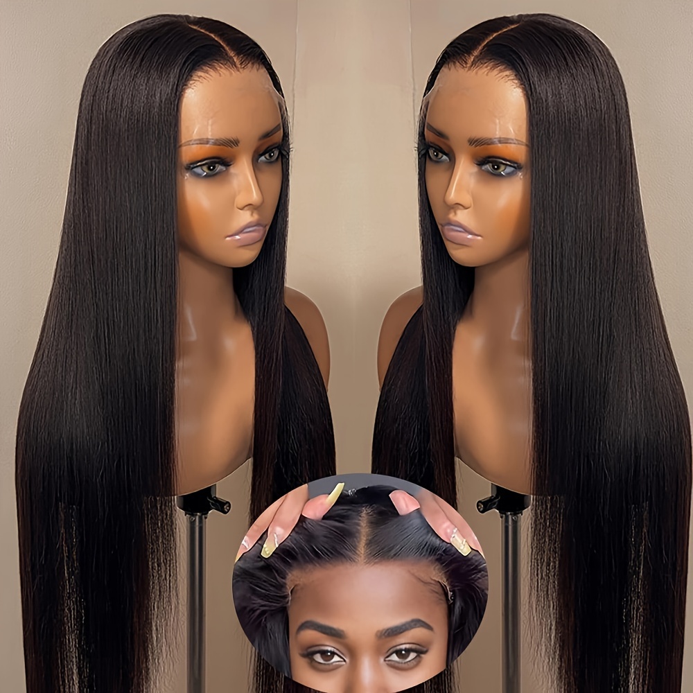 TEMU 40" Glueless Straight Lace Front Wig - 13x4 Pre- With Baby Hair, 200% Density Brazilian Human Hair, For Women, Black, Elegant Style, Everyday Or Special Occasions, Hair Wig