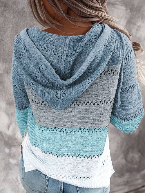 womens fall winter lightweight color block knit hoodies sweaters long sleeve v neck drawstring pullover fashion sweatshirts hollow out striped sweaters for women 2024