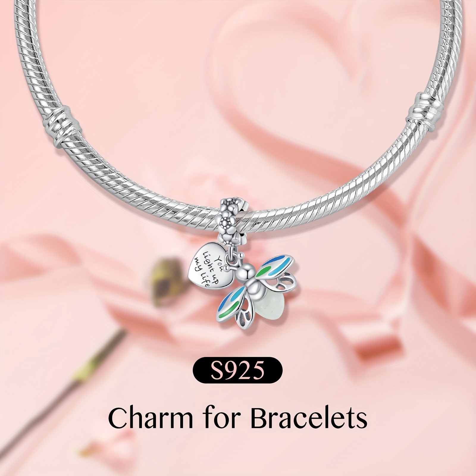 S925 Sterling Silver Lightning Bug And Heart Tag Spacer Charm Pendant