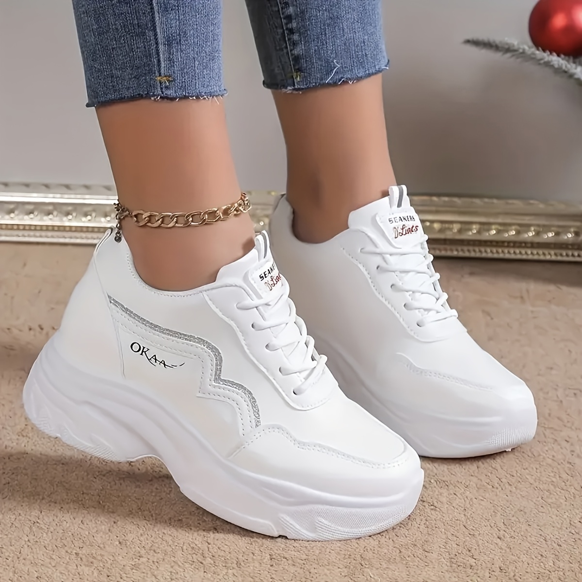 womens white chunky platform sneakers arch support arch Temu