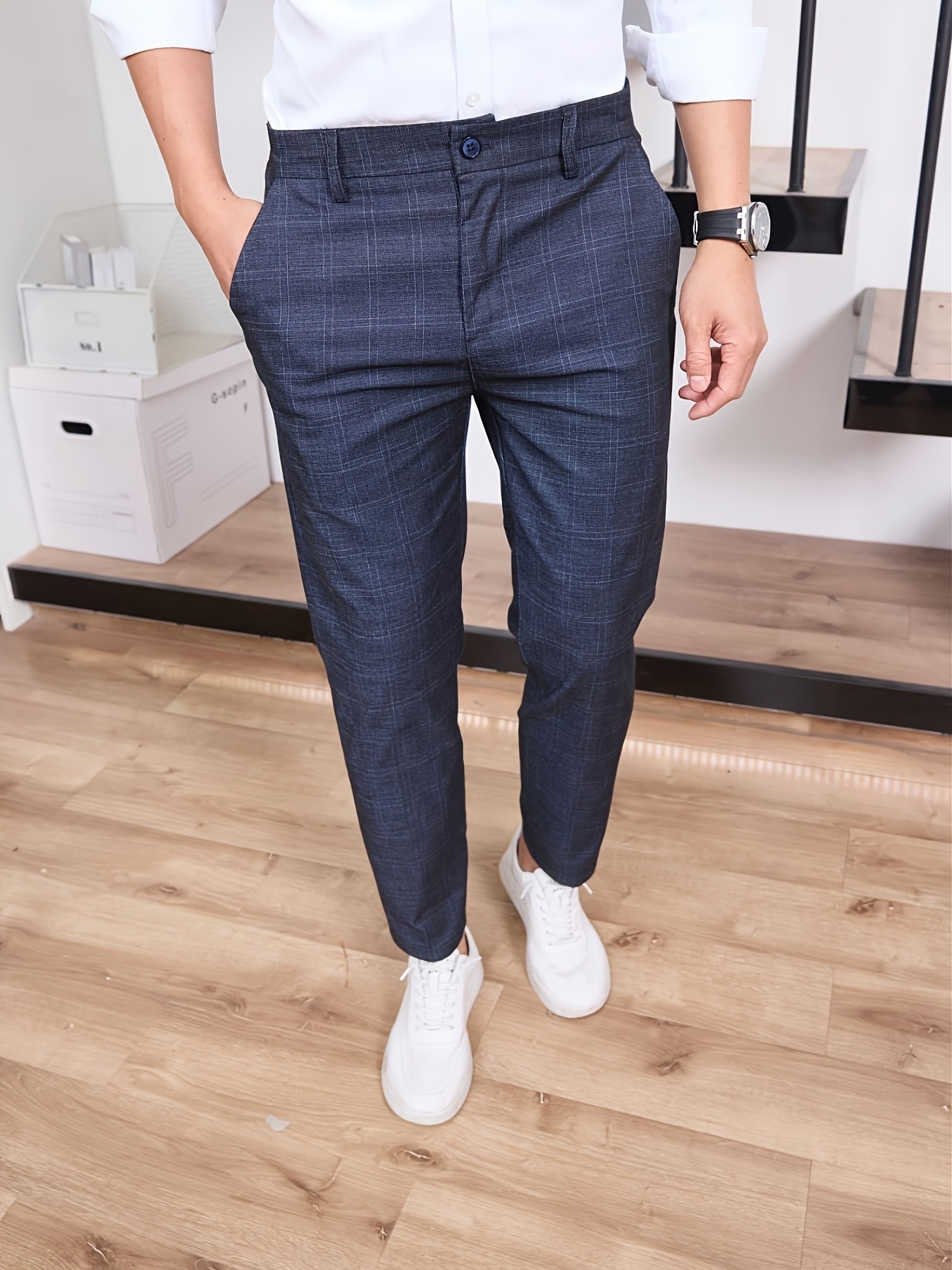 Men'S Stylish Plaid Dress Pants - Navy Blue, Semi-Formal, Casual Business Attire, All-Season Comfort, Regular Fit, Allseason Pants|Plaid Pattern Pants|Stretchable Fabric